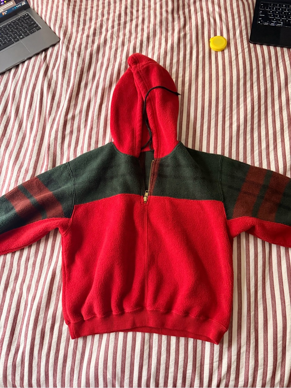 Kids Red and Forest Green Colorblock Hooded Fleece Pullover